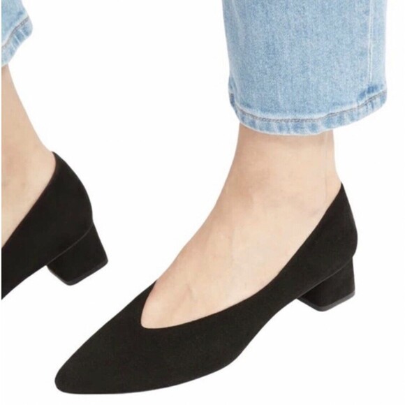 Everlane Shoes - Everlane Suede V Heel Pump Leather Almond Toe Minimalist